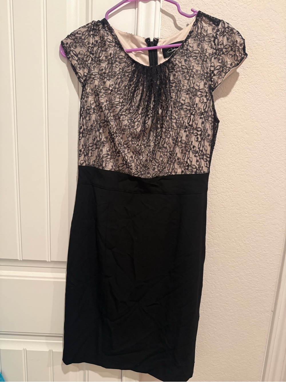 Black Lace-Overlay Midi Dress with Nude Lining